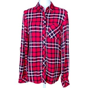 Beach Lunch Lounge Women’s flannel red plaid button down top, Sz S